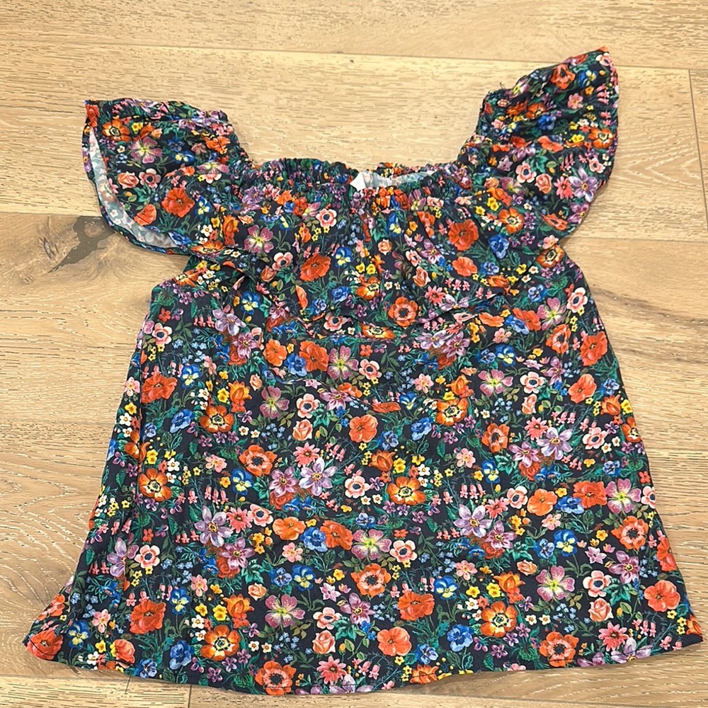 H&M Red and Orange Floral Print Off The Shoulder Blouse with Ruffled Sleeves
